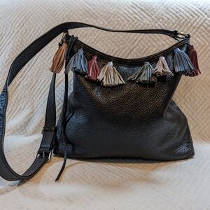 Rebecca Minkoff Black Leather Shoulder Bag with Multicolor Tassels
